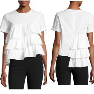 Co Collection White Cotton Asymmetrical Ruffled Short Sleeve Top - size Small